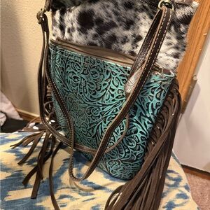 Myra Brown and Turquoise Patterned Women's Bag with real cow hide. Brand new.